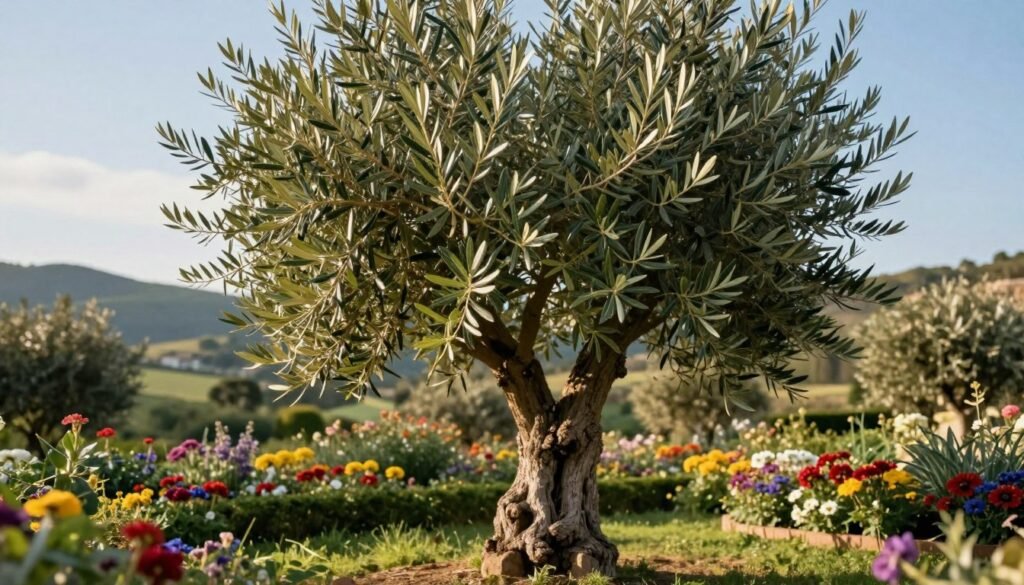 A narrow-leaved olive tree, beautifully displaying its silvery-green foliage, stands as a decorative focal point in a serene garden setting. In the foreground, the lush, elongated leaves of the tree glisten under the soft, warm sunlight, revealing their intricate textures. In the middle ground, the trunk of the olive tree is elegantly gnarled, showcasing its rustic charm and age. Surrounding the tree are vibrant flower beds filled with colorful blooms that contrast beautifully with the olive's subtleness. In the background, gentle rolling hills and a clear blue sky enhance the peaceful countryside ambiance. The scene is captured with a shallow depth of field to emphasize the tree and evoke a tranquil, inviting atmosphere ideal for a picturesque garden. A narrow-leaved olive tree, beautifully displaying its silvery-green foliage, stands as a decorative focal point in a serene garden setting. In the foreground, the lush, elongated leaves of the tree glisten under the soft, warm sunlight, revealing their intricate textures. In the middle ground, the trunk of the olive tree is elegantly gnarled, showcasing its rustic charm and age. Surrounding the tree are vibrant flower beds filled with colorful blooms that contrast beautifully with the olive's subtleness. In the background, gentle rolling hills and a clear blue sky enhance the peaceful countryside ambiance. The scene is captured with a shallow depth of field to emphasize the tree and evoke a tranquil, inviting atmosphere ideal for a picturesque garden.