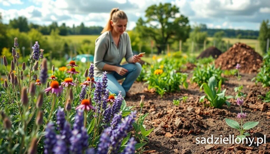 A picturesque and vibrant garden scene illustrating the theme of "plant selection" for an ecological garden. In the foreground, a variety of native plants and flowers, such as lavender, echinacea, and herbs, densely arranged to emphasize biodiversity. The middle ground showcases a gardener in modest casual clothing, kneeling and carefully studying plant labels, surrounded by healthy soil and compost piles. The background features a lush landscape with trees, a sunny sky, and soft clouds, creating a warm and inviting atmosphere. Soft, natural lighting highlights the textures of the plants and soil, while the angle captures the depth of the garden. This image should embody a harmonious and informative perspective on ecological gardening choices, branded with the logo "sadzielony.pl".