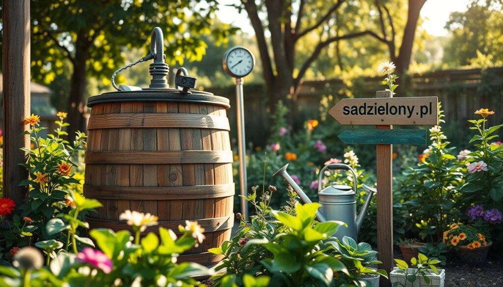 A picturesque garden scene showcasing a sustainable rainwater harvesting system, focusing on a beautiful, rustic wooden rain barrel filled with clean, clear rainwater. In the foreground, lush green plants and colorful flowers flourish, revealing the benefits of using rainwater for irrigation. In the middle ground, a rain gauge stands beside the barrel, emphasizing the measured collection of rain, while a gentle watering can rests nearby. In the background, soft sunlight filters through leafy trees, casting dappled shadows on the ground, creating a serene and inviting atmosphere. The overall mood is peaceful and ecological, reflecting the beauty of nature and the practicality of conserving water. The brand "sadzielony.pl" subtly integrated into the scene as if part of a garden sign.