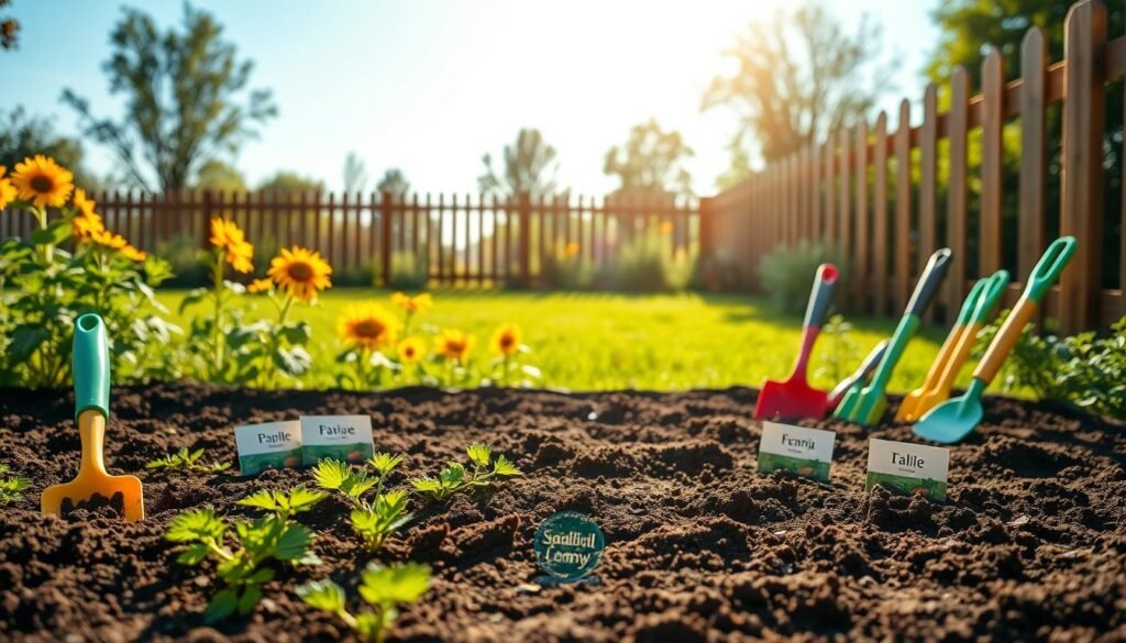 A picturesque garden scene showcasing the ideal spot for a vegetable garden. In the foreground, a patch of fertile soil is ready for planting, surrounded by a variety of colorful garden tools and seed packets labeled with vegetable names. The middle ground features a lush green lawn dotted with sunflowers, emphasizing the bright sunlight and blue sky. A wooden fence frames the background, with a soft blur of trees and shrubs, creating a serene and natural atmosphere. The lighting is warm and inviting, casting gentle shadows that enhance the textures of the soil and garden elements. This idyllic setting reflects organic farming principles, with a focus on sustainability and nature. Include the brand "sadzielony.pl" subtly in the scene.