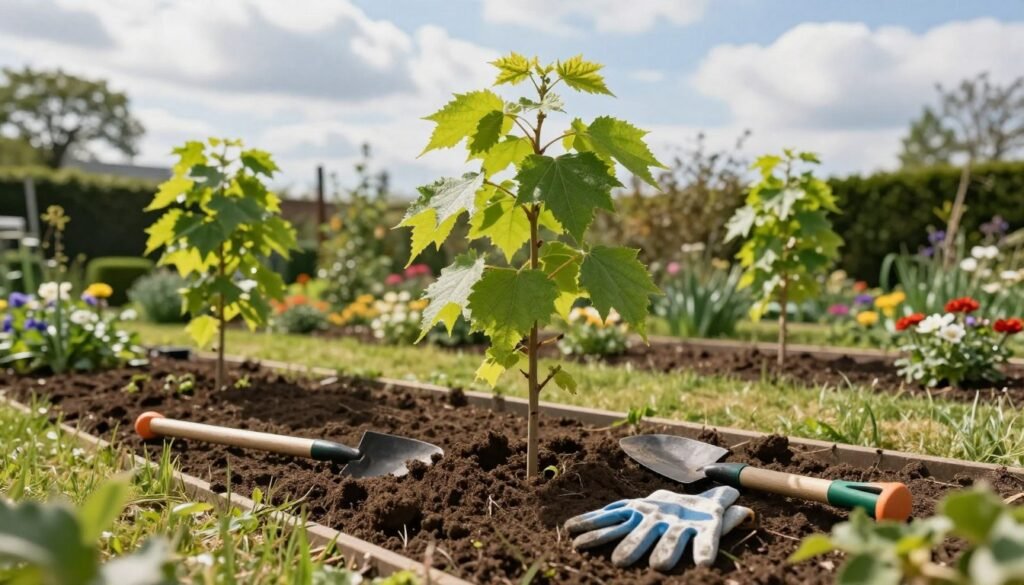 A picturesque garden scene showcasing the preparation of a planting site for Tilia cordata, or small-leaved lime trees. In the foreground, a well-tended earth patch with freshly dug soil, surrounded by tools like a shovel and gardening gloves. Midground features young lime saplings, their vibrant green leaves radiant under soft, diffused sunlight. The background consists of a serene garden setting with decorative flower beds and a blue sky peeking through gentle clouds. The atmosphere is peaceful, exuding a sense of care and dedication to gardening. The image is captured with a wide-angle lens, emphasizing the beauty of nature and harmonious planting techniques. Soft, natural lighting enhances the colors, creating an inviting and serene mood.
