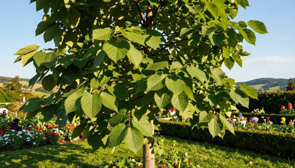 A picturesque scene depicting "Dawidia chińska," or the Chinese dove tree, thriving in a Polish garden setting. In the foreground, lush green leaves of the tree display its distinct broad, heart-shaped foliage. The middle ground features a well-maintained garden with colorful flowers and neatly trimmed hedges, illustrating a nurturing environment suitable for growth. The background reveals a gentle landscape of rolling hills under a clear blue sky, with soft sunlight filtering through the leaves, casting intricate shadows. The atmosphere is serene and inviting, showcasing the beauty of this exotic tree in a Polish context. The image is captured with a wide-angle lens to enhance the depth of field and provide a warm, natural ambiance.