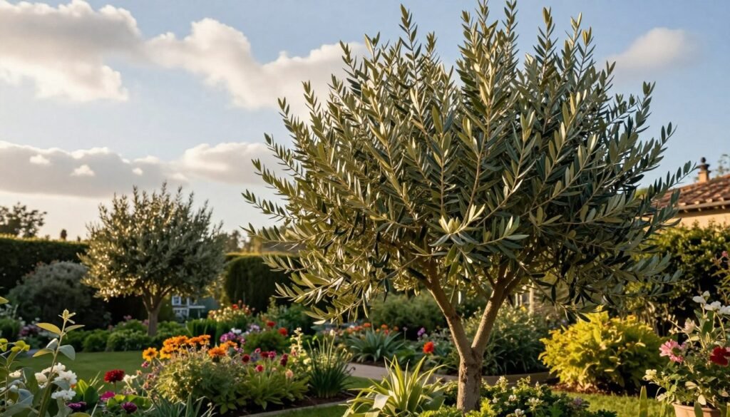 A picturesque scene depicting a narrow-leaved olive tree (oliwnik wąskolistny) flourishing in a well-tended garden. In the foreground, showcase the tree with its slender branches and elongated, glistening leaves, bathed in soft, golden morning light. The middle ground features a variety of vibrant flowering plants and neatly pruned shrubs, enhancing the garden's charm. In the background, a subtle blue sky dotted with fluffy white clouds creates a serene atmosphere. The shot is taken from a slightly elevated angle, providing a comprehensive view of the tree's growth conditions. Emphasize a tranquil and inviting mood, perfect for illustrating the cultivation and environmental requirements of this ornamental tree. Ensure the scene is free of any text or overlays. A picturesque scene depicting a narrow-leaved olive tree (oliwnik wąskolistny) flourishing in a well-tended garden. In the foreground, showcase the tree with its slender branches and elongated, glistening leaves, bathed in soft, golden morning light. The middle ground features a variety of vibrant flowering plants and neatly pruned shrubs, enhancing the garden's charm. In the background, a subtle blue sky dotted with fluffy white clouds creates a serene atmosphere. The shot is taken from a slightly elevated angle, providing a comprehensive view of the tree's growth conditions. Emphasize a tranquil and inviting mood, perfect for illustrating the cultivation and environmental requirements of this ornamental tree. Ensure the scene is free of any text or overlays.