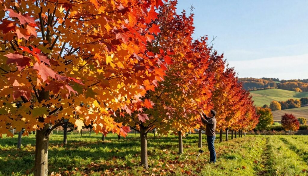 A picturesque scene depicting the cultivation of American sweetgum (Liquidambar styraciflua) in Poland. The foreground showcases vibrant, autumn-colored leaves in shades of red, orange, and yellow, contrasted against a lush green backdrop of well-maintained sweetgum trees with rich textures. In the middle ground, a farmer in modest casual clothing tends to the trees, carefully inspecting the foliage. The background illustrates a serene Polish landscape, with distant rolling hills and a clear blue sky, capturing the essence of late autumn. Soft, warm sunlight filters through the leaves, creating a warm, inviting atmosphere. The image should be framed from a slightly elevated angle, giving depth to the scene while focusing on the tree's stunning autumn display. A picturesque scene depicting the cultivation of American sweetgum (Liquidambar styraciflua) in Poland. The foreground showcases vibrant, autumn-colored leaves in shades of red, orange, and yellow, contrasted against a lush green backdrop of well-maintained sweetgum trees with rich textures. In the middle ground, a farmer in modest casual clothing tends to the trees, carefully inspecting the foliage. The background illustrates a serene Polish landscape, with distant rolling hills and a clear blue sky, capturing the essence of late autumn. Soft, warm sunlight filters through the leaves, creating a warm, inviting atmosphere. The image should be framed from a slightly elevated angle, giving depth to the scene while focusing on the tree's stunning autumn display.