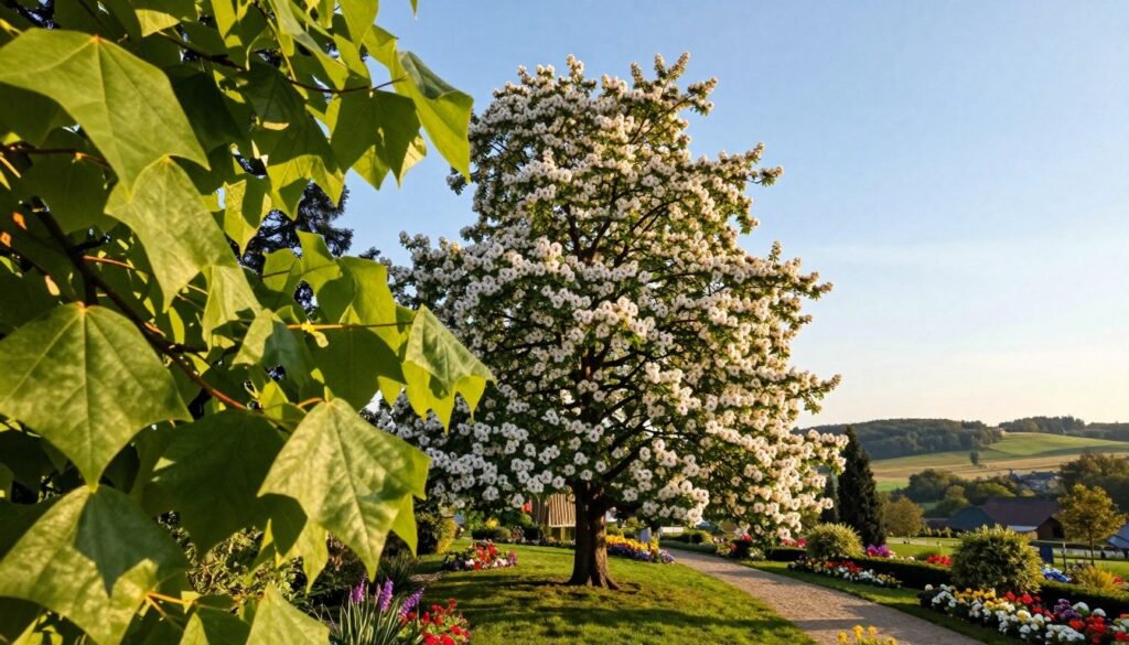 A picturesque scene of a Katalpa, also known as surmia, in a Polish garden setting. In the foreground, vibrant green leaves catch the sunlight, displaying the tree's broad, heart-shaped foliage. The middle ground features a well-manicured garden path lined with colorful flowers, leading up to the majestic Katalpa tree, showcasing its characteristic large white blossoms with purple markings. The background highlights a serene landscape under a clear blue sky, with rolling hills and distant trees, creating a tranquil atmosphere. The lighting is warm and inviting, simulating a late afternoon glow, emphasizing the beauty of the tree. Use a slightly elevated angle to capture the grandeur of the Katalpa against the picturesque garden backdrop. The overall mood is peaceful and enchanting, inviting viewers to appreciate the beauty of this ornamental tree. A picturesque scene of a Katalpa, also known as surmia, in a Polish garden setting. In the foreground, vibrant green leaves catch the sunlight, displaying the tree's broad, heart-shaped foliage. The middle ground features a well-manicured garden path lined with colorful flowers, leading up to the majestic Katalpa tree, showcasing its characteristic large white blossoms with purple markings. The background highlights a serene landscape under a clear blue sky, with rolling hills and distant trees, creating a tranquil atmosphere. The lighting is warm and inviting, simulating a late afternoon glow, emphasizing the beauty of the tree. Use a slightly elevated angle to capture the grandeur of the Katalpa against the picturesque garden backdrop. The overall mood is peaceful and enchanting, inviting viewers to appreciate the beauty of this ornamental tree.