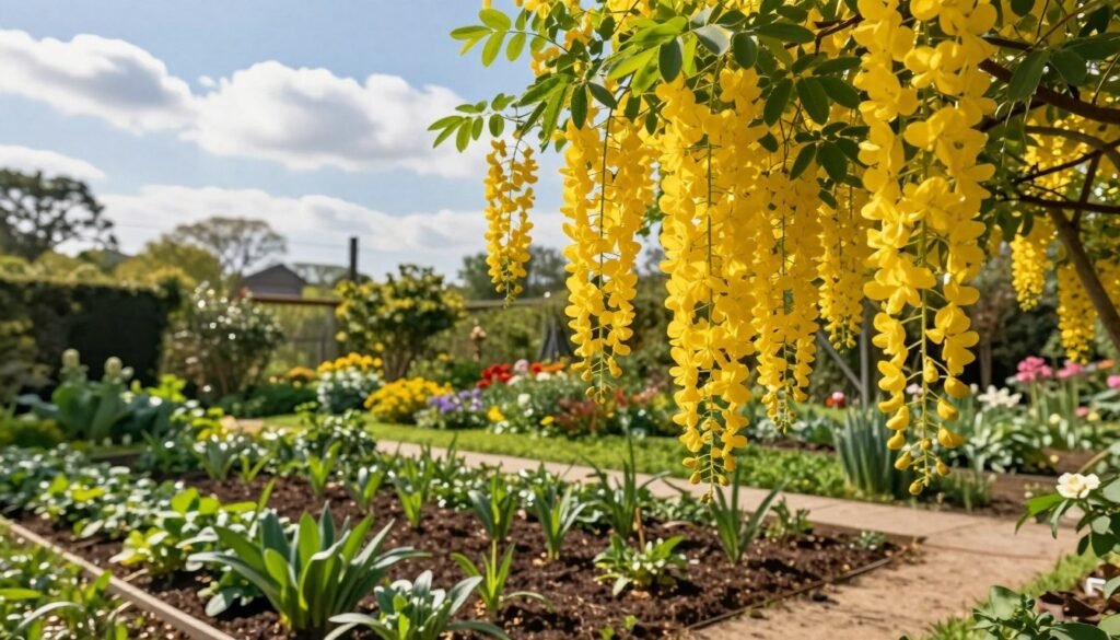 A picturesque scene of a "golden chain tree" (Laburnum anagyroides) in an ornamental garden during the blooming season. In the foreground, a cluster of vibrant yellow cascading flowers hangs gracefully from the branches, glistening in the warm sunlight. The middle ground features a well-maintained garden bed with rich green foliage and neatly arranged soil, showcasing healthy saplings ready for planting. In the background, soft-focus images of a serene garden landscape with hints of other flowering plants and a blue sky dotted with fluffy white clouds create a harmonious atmosphere. The image should have soft, natural lighting to evoke a sense of tranquility and beauty, taken from a slightly elevated angle for an expansive view of the garden.