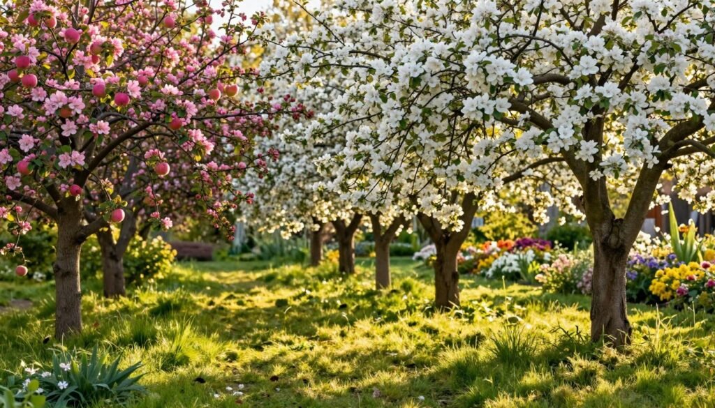 A picturesque scene of ornamental apple trees (jabłonie) in full bloom, showcasing a variety of colorful blossoms, ranging from delicate pink to bright white, with some trees bearing small, vibrant apples. In the foreground, lush green grass and a neatly maintained garden path lead to the trees, inviting viewers to explore. The middle ground focuses on the apple trees, their branches gracefully arching under the weight of blossoms. The background features a soft-focus, sunlit garden with other flowering plants, emphasizing the vibrant atmosphere of a serene Polish garden. The scene is bathed in warm, golden sunlight, creating a tranquil and inviting ambiance. The perspective is slightly low to give a sense of depth and immerse the viewer in this enchanting garden landscape.