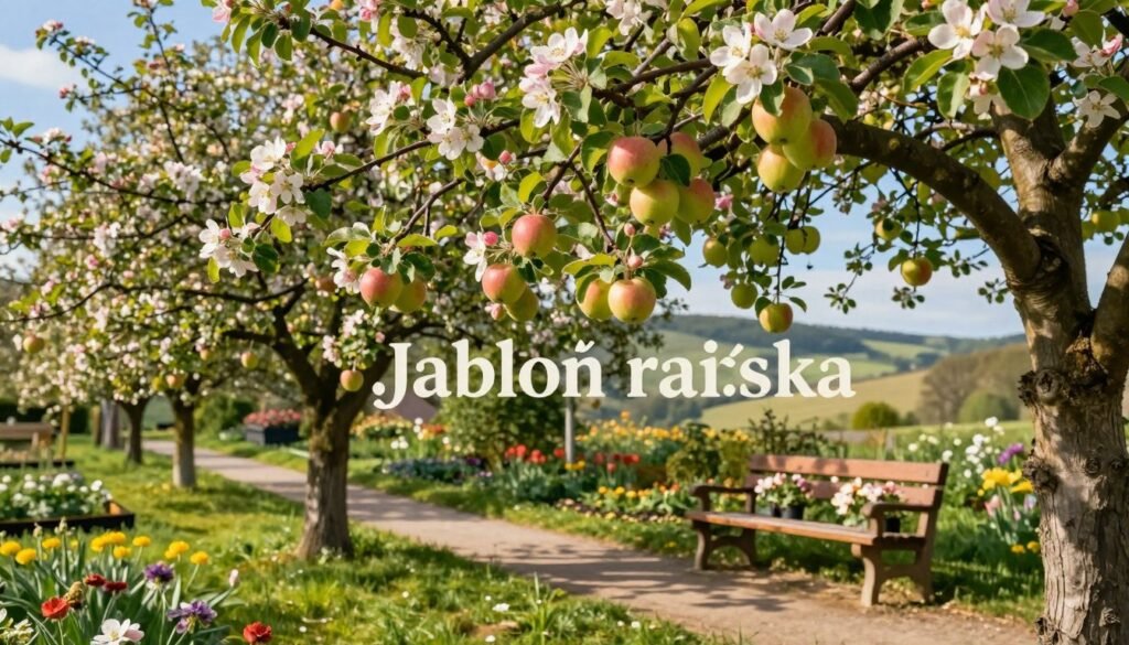 A picturesque scene showcasing "Jabłoń rajska" or ornamental apple trees in a Polish garden. In the foreground, vibrant clusters of tiny apple-like fruits hang from lush, green branches, interspersed with delicate pink and white blossoms. The middle ground features a well-maintained garden path, leading to a rustic wooden bench adorned with blooming flowers. In the background, a soft-focus view of rolling hills under a bright blue sky enhances the serene atmosphere. The lighting is warm and inviting, reminiscent of a sunny spring afternoon, casting gentle shadows and highlighting the vivid colors of the foliage. Capture the essence of tranquility and beauty found in Polish climates, emphasizing the charm of ornamental apple trees thriving in this setting. The composition should be photographed from a slightly elevated angle to provide a comprehensive view of the garden landscape.