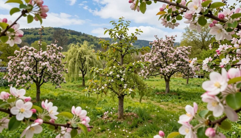A picturesque view of several ornamental apple tree varieties in a vibrant garden setting. In the foreground, showcase blossoming branches laden with pink and white flowers, reflecting the beauty of spring. The middle ground features a diverse array of apple tree shapes and sizes, varying from weeping to upright forms, arranged harmoniously. In the background, a lush green landscape with soft hills and a bright blue sky enhances the serene atmosphere. Utilize soft, natural lighting to highlight the delicate petals and glossy leaves, creating a warm, inviting mood. Capture the scene from a slightly elevated angle, allowing for a comprehensive view of the different varieties and their beauty in a well-maintained Polish garden.