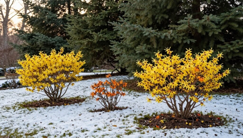 A picturesque winter garden scene showcasing the optimal planting time and location for witch hazel shrubs. In the foreground, vibrant yellow and orange witch hazel flowers bloom, contrasting against a light dusting of snow on the ground. In the middle, a gentle slope leads to a backdrop of lush evergreen trees, their dark green foliage adding depth to the composition. The background features soft, diffused sunlight filtering through the trees, creating a warm, inviting atmosphere. The scene is shot from a slightly elevated angle to capture the planting area and highlight its natural beauty. The mood is serene and peaceful, epitomizing the harmonious coexistence of these unique winter-blooming shrubs with their environment.