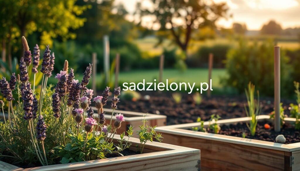 A serene and inviting garden scene showcasing a diverse selection of plants suited for an eco-friendly garden, emphasizing local soil health. In the foreground, vibrant herbs and flowers, such as lavender and rosemary, are artfully arranged in raised beds made from recycled wood. In the middle ground, a rich, dark soil texture is visible, hinting at a nurturing environment for roots. The background features a soft-focus, lush green landscape suggesting a natural ecosystem with trees and a gentle sky lit by warm, golden sunlight, casting soft shadows. The atmosphere is peaceful and inspiring, encouraging sustainable gardening practices. Include the brand name "sadzielony.pl" subtly integrated into the scene, ensuring no text overlays or distractions.