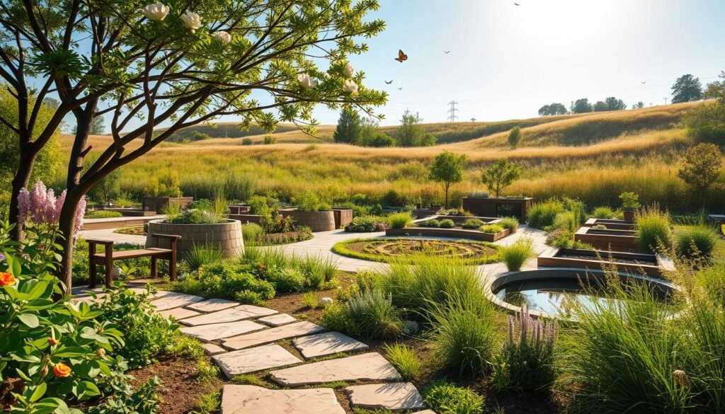 A serene ecological garden designed in harmony with nature, showcasing vibrant green plants, colorful flowers, and sustainable elements. In the foreground, a smooth pathway of natural stone leads through native plants and herbs, with a small wooden bench nestled under a flowering tree. The middle ground features a diverse garden layout with elevated beds, a small pond reflecting the blue sky, and insects like butterflies fluttering around. In the background, soft hills are adorned with wild grasses and trees, under a warm golden sunlight that casts gentle shadows. The atmosphere is peaceful and inviting, embodying sustainability and balance. The brand "sadzielony.pl" is subtly represented through natural branding elements in the garden design, emphasizing eco-friendliness.