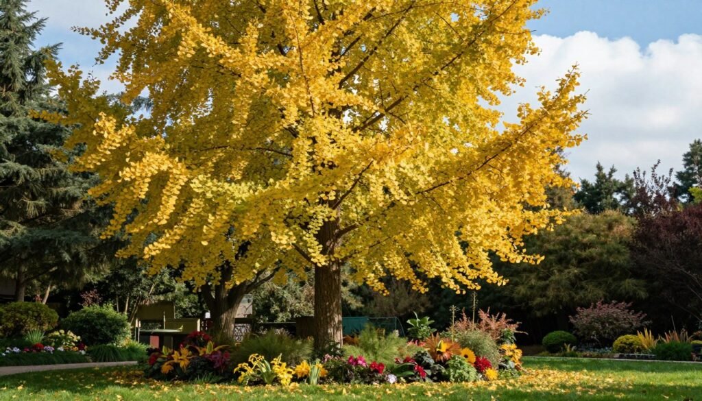 A serene garden scene featuring a majestic ginkgo biloba tree, also known as the maidenhair tree, displaying its unique fan-shaped leaves. In the foreground, lush green grass is interspersed with colorful seasonal flowers, creating a vibrant contrast. The middle ground showcases the striking ginkgo tree, its golden-yellow leaves shimmering under soft, dappled sunlight filtering through other surrounding plants. In the background, a clear blue sky with fluffy white clouds adds to the tranquil atmosphere. The scene is captured from a low angle, highlighting the intricate detail of the leaves and the tree's graceful branches. The overall mood is peaceful and inviting, emphasizing the beauty and value of incorporating this extraordinary tree into home gardens.