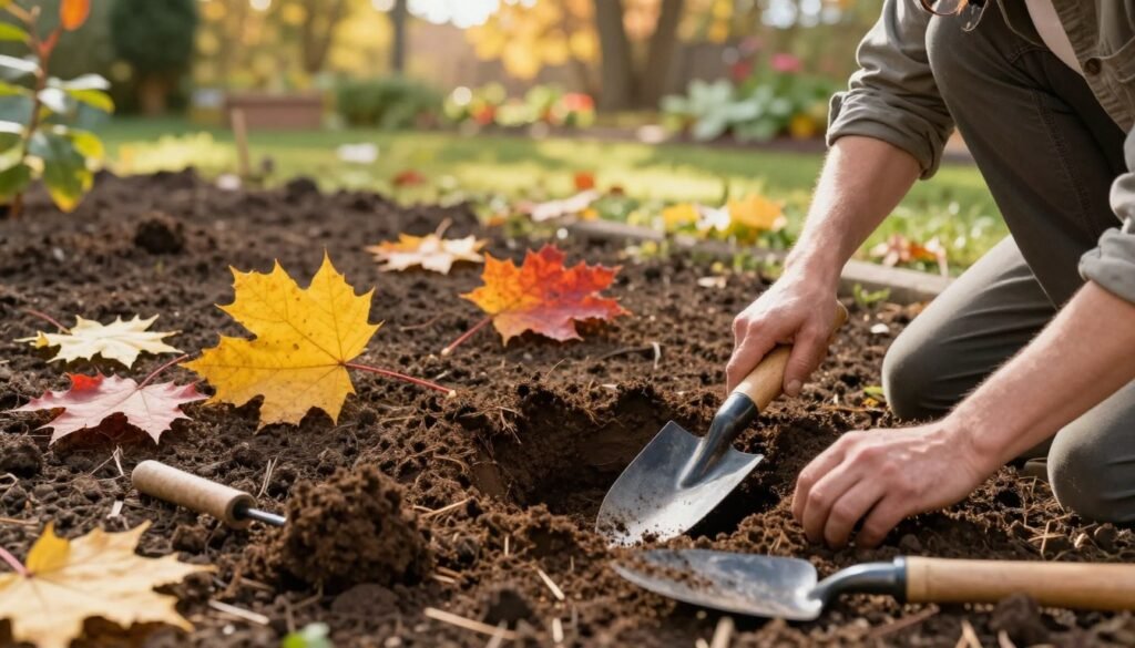 A serene garden scene featuring a skilled gardener preparing the ground for an American amber tree (Liquidambar styraciflua) planting. In the foreground, the gardener, dressed in modest casual clothing, is kneeling on the rich, dark soil, using a trowel to create a small hole. Freshly dug earth and gardening tools are scattered nearby. In the middle ground, several vibrant autumn leaves of the amber tree are scattered among the soil, showcasing their striking yellow, orange, and red hues. In the background, soft sunlight filters through trees, casting gentle shadows, creating a warm, inviting atmosphere. The scene captures the essence of preparation and nurturing, highlighting the beauty of nature and the importance of careful planting techniques. A serene garden scene featuring a skilled gardener preparing the ground for an American amber tree (Liquidambar styraciflua) planting. In the foreground, the gardener, dressed in modest casual clothing, is kneeling on the rich, dark soil, using a trowel to create a small hole. Freshly dug earth and gardening tools are scattered nearby. In the middle ground, several vibrant autumn leaves of the amber tree are scattered among the soil, showcasing their striking yellow, orange, and red hues. In the background, soft sunlight filters through trees, casting gentle shadows, creating a warm, inviting atmosphere. The scene captures the essence of preparation and nurturing, highlighting the beauty of nature and the importance of careful planting techniques.