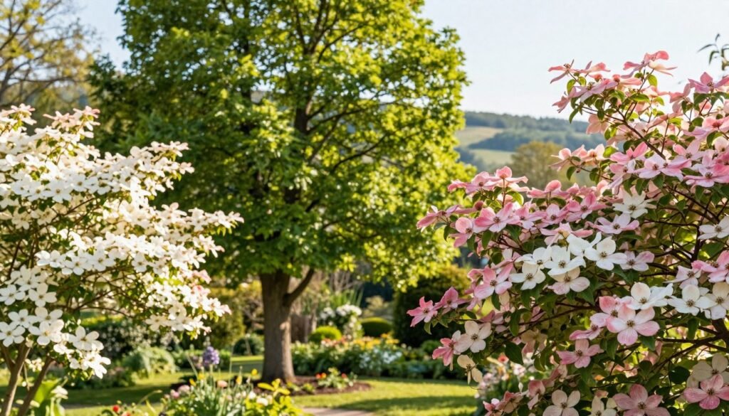 A serene garden scene featuring the most interesting varieties of Cornus kousa, known as Kousa dogwood. In the foreground, showcase vibrant, flowering branches of Kousa dogwood with delicate white and pink bracts, highlighting their unique shapes and soft textures. In the middle ground, include a variety of these trees at different heights, displaying their lush, green foliage and unique bark patterns. The background should depict a soft-focus landscape of a well-maintained garden, with gentle rolling hills and a bright, clear sky, bathed in warm, natural sunlight. Use a soft focus lens effect to create an inviting and peaceful atmosphere, ideal for showcasing these ornamental trees in a Polish garden setting. A serene garden scene featuring the most interesting varieties of Cornus kousa, known as Kousa dogwood. In the foreground, showcase vibrant, flowering branches of Kousa dogwood with delicate white and pink bracts, highlighting their unique shapes and soft textures. In the middle ground, include a variety of these trees at different heights, displaying their lush, green foliage and unique bark patterns. The background should depict a soft-focus landscape of a well-maintained garden, with gentle rolling hills and a bright, clear sky, bathed in warm, natural sunlight. Use a soft focus lens effect to create an inviting and peaceful atmosphere, ideal for showcasing these ornamental trees in a Polish garden setting.