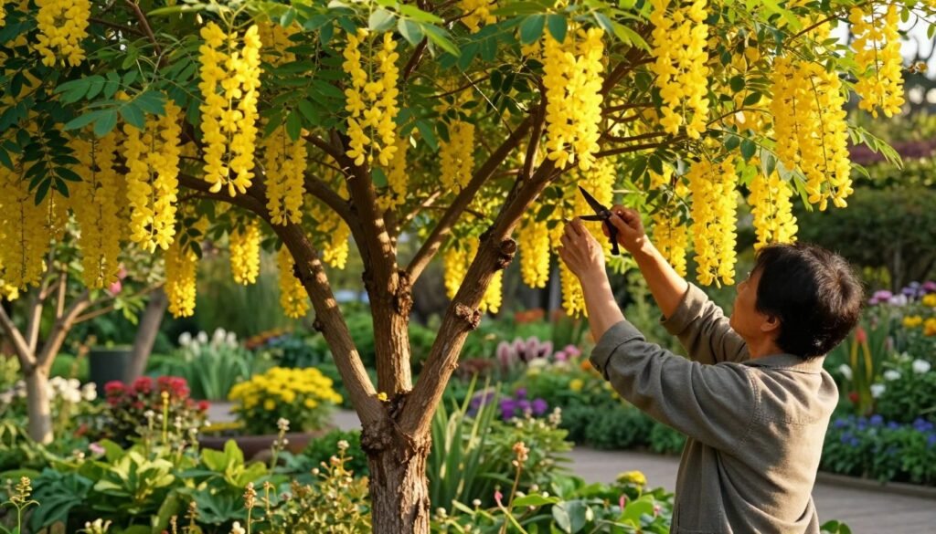 A serene garden scene focused on the care of a golden chain tree (Laburnum anagyroides) in full bloom. In the foreground, a gardener, dressed in casual but modest clothing, gently prunes the branches of the tree, showcasing its stunning yellow flower clusters. The middle ground highlights the lush green foliage and rich, textured bark of the tree, emphasizing its ornamental beauty. The background features a softly blurred garden filled with diverse plants and flowering shrubs, bathed in warm, golden afternoon sunlight that casts gentle shadows. Create an atmosphere of tranquility and care, capturing the essence of nurturing this exquisite and demanding ornamental tree in a vibrant garden setting.