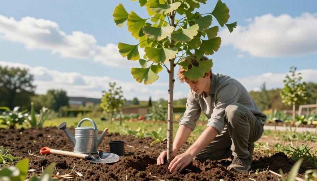 A serene garden scene focused on the planting of a Ginkgo biloba tree, showcasing the vibrant fan-shaped leaves of the tree. In the foreground, a young adult in modest casual clothing is kneeling beside a freshly dug hole, carefully placing the Ginkgo sapling into the earth. The middle ground features rich, dark soil and tools like a shovel and watering can scattered nearby, while the background depicts a bright blue sky with fluffy white clouds and distant greenery. The scene is bathed in warm, soft afternoon sunlight, creating a peaceful and hopeful atmosphere, highlighting the importance of planting and nurturing this unique tree in Poland. The angle is slightly elevated to capture the action and lush surroundings without any people’s faces visible.
