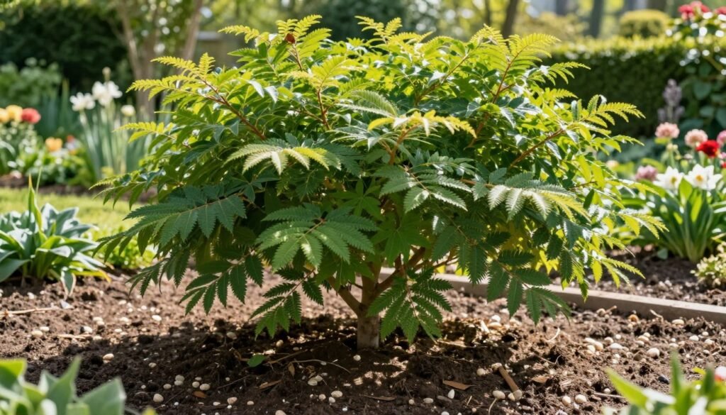 A serene garden scene focusing on a vibrant and healthy 'Robinia pseudoacacia Umbraculifera' tree, showcasing its distinct umbrella-shaped canopy. In the foreground, rich, dark soil is depicted, scattered with small pebbles and organic matter, indicating nutrient-rich ground conditions. The middle ground features the tree, its green foliage shimmering under soft sunlight, casting gentle shadows on the ground. The background reveals a lush garden with various ornamental plants and flowers on either side, enhancing the natural environment. Bright, warm daylight filters through the leaves, creating a tranquil, inviting atmosphere, while the camera angle captures the depth and texture of the soil. The mood reflects a sense of growth and vitality, perfect for illustrating cultivation requirements.