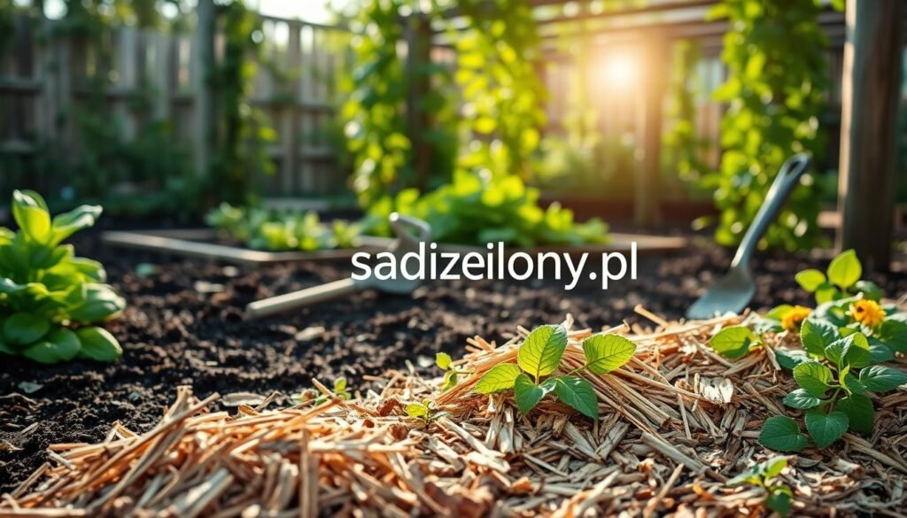 A serene garden scene focusing on mulch laying on rich, dark soil, highlighting the benefits of mulching for healthy ground. In the foreground, piles of natural mulch made from wood chips and straw are carefully spread around vibrant green plants and flowers. The middle ground features healthy vegetable beds, flourishing with various leafy greens, while a few garden tools rest nearby. In the background, a soft-focus sun-filtered trellis supports climbing plants, with sunlight filtering through the leaves, creating a warm, inviting atmosphere. Natural light casts gentle shadows, enhancing the textures of the soil and mulch. The image reflects the importance of mulching in gardening, creating a visual sense of growth and vitality. The brand name "sadzielony.pl" is subtly incorporated into the scene.