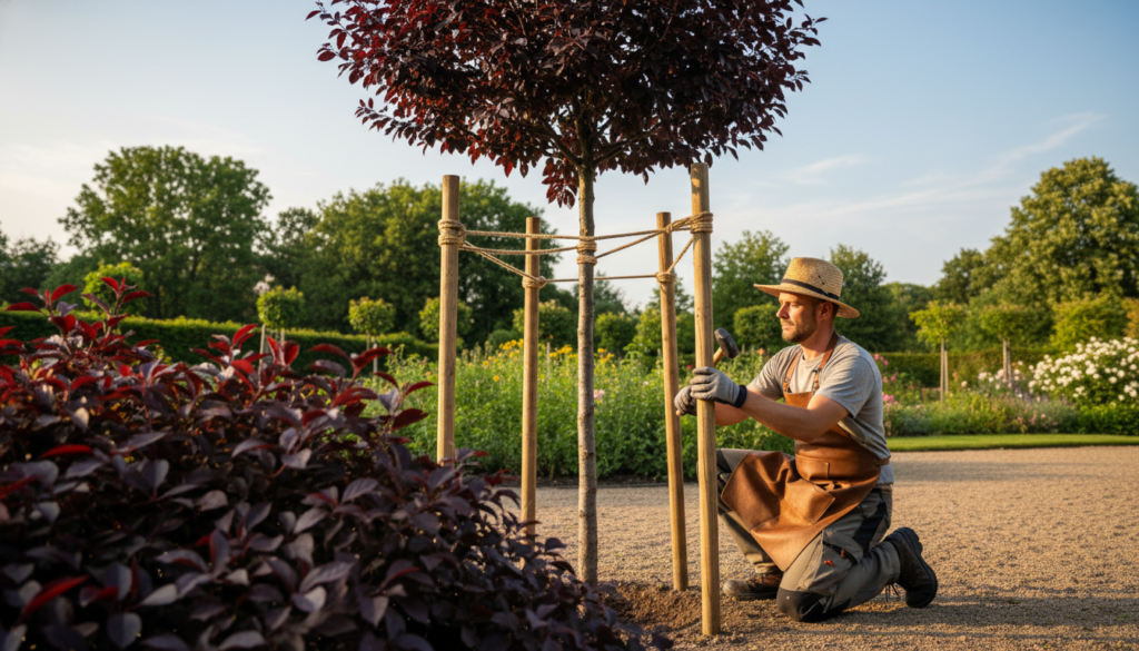 A serene garden scene focusing on the technique of "palikowanie pnia," featuring a skilled gardener in professional attire carefully supporting the trunk of a cherry plum tree ('Nigra') with robust stakes. In the foreground, show the gardener gently adjusting the stakes with precision tools, highlighting the lush, dark burgundy leaves of the tree. The middle ground should display the beautifully shaped canopy of the tree, showcasing its distinctive color against a soft blue sky. In the background, soft-focus elements like other leafy trees and a well-kept garden add depth. The lighting is warm and inviting, suggesting a late afternoon ambiance with golden sunlight filtering through the leaves, creating a tranquil and nurturing atmosphere.