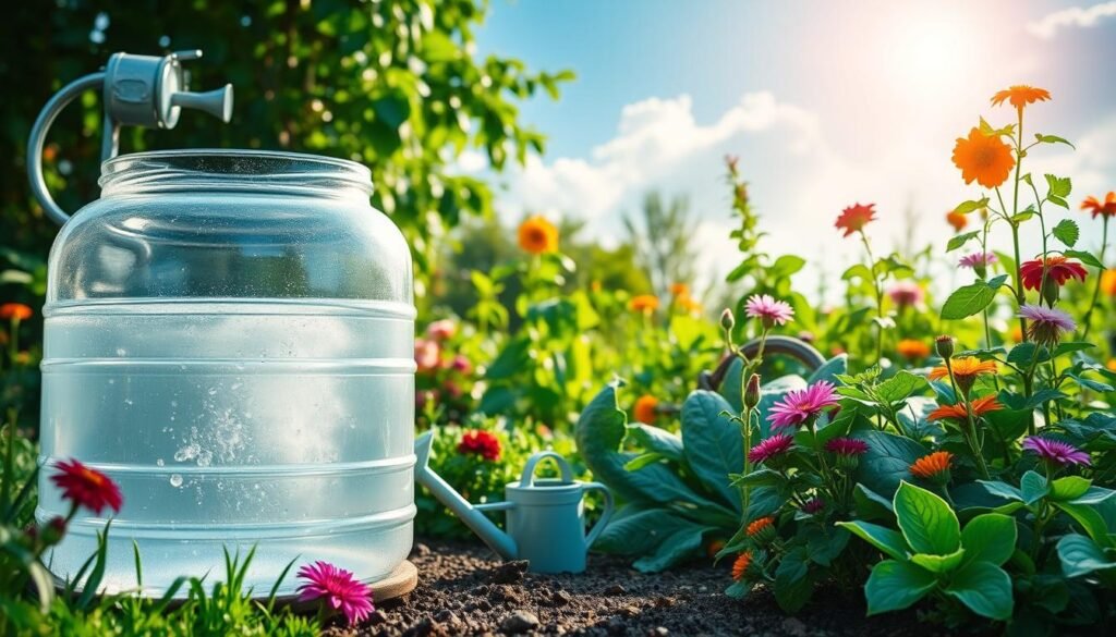 A serene garden scene illustrating the benefits of rainwater harvesting. In the foreground, a crystal-clear rain barrel overflows with rainwater, surrounded by lush greenery and vibrant flowers. A watering can sits nearby, symbolizing sustainable gardening practices. In the middle ground, a variety of thriving plants, including vegetables and ornamental flowers, showcase the health benefits of using rainwater. In the background, a soft sunlight filters through gentle clouds, casting a warm, inviting glow over the entire scene. The atmosphere is peaceful and nurturing, emphasizing the importance of utilizing rainwater in gardening. Capture this tranquil moment in a mid-range shot with a focus on vivid colors and rich textures, perfect for an article by sadzielony.pl on eco-friendly gardening practices.