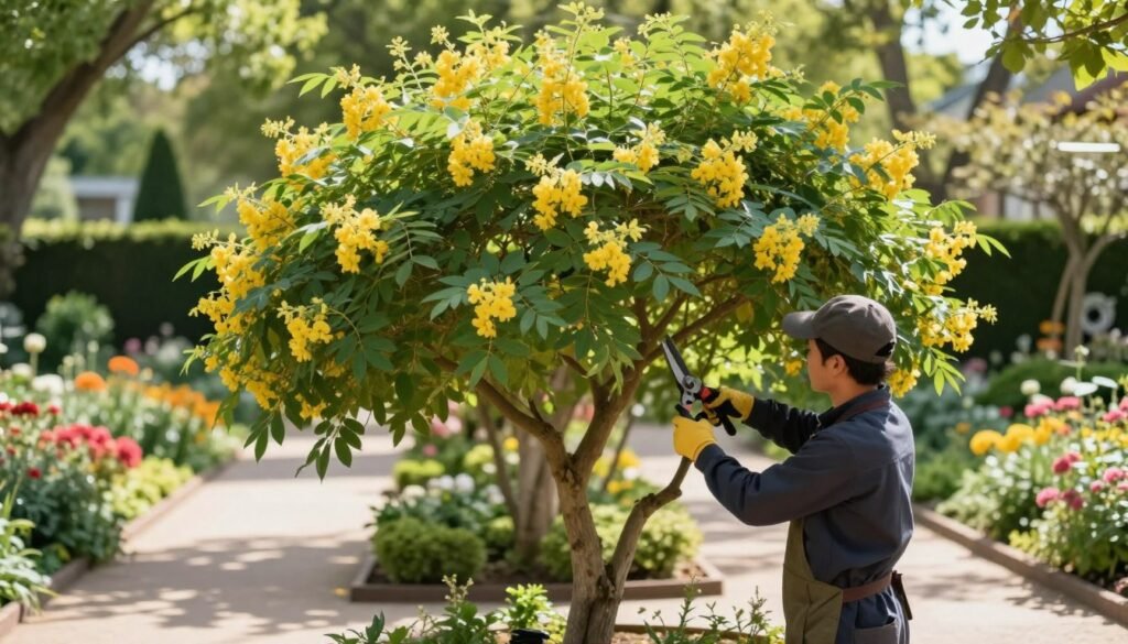 A serene garden scene showcasing the careful pruning of a Robinia umbraculifera, also known as the ball-shaped locust tree. In the foreground, a skilled gardener in professional attire, using precise pruning shears on the rounded foliage of the tree, demonstrating the technique. The middle ground features the unique crown shape of the tree, its lush green leaves contrasting with delicate, bright yellow flowers. The background includes a sunlit garden path bordered by colorful blooming flowers, enhancing the vibrant atmosphere. Natural sunlight filters through the leaves, creating dappled shadows on the ground, while a soft focus lens gives a gentle, calming effect. The overall mood is one of tranquility and meticulous care, emphasizing the importance of pruning in maintaining the health and appearance of the tree.