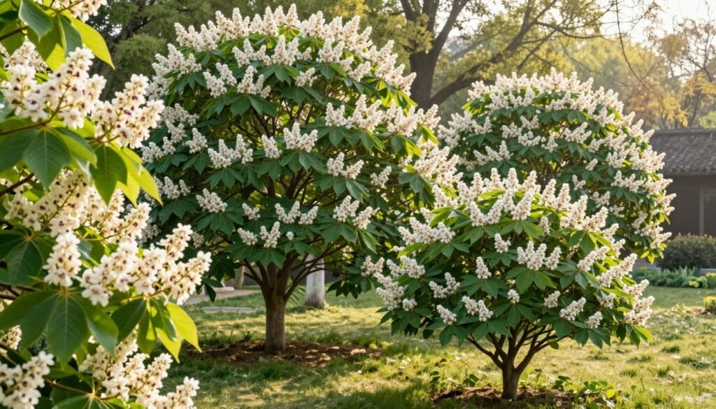 A serene garden scene showcasing the most popular varieties of Catalpa trees, elegantly displayed in full bloom. In the foreground, vibrant Catalpa leaves and clusters of creamy white flowers with delicate purple spots. The middle ground features several distinct cultivars of Catalpa, including the large-leaved Catalpa bignonioides and the smaller, more compact ‘Nana’ variety, each uniquely shaped. The background depicts a soft-focus landscape of a tranquil garden, with a gentle green lawn and dappled sunlight filtering through foliage. Capture the warm, inviting mood of a late spring afternoon, with soft, natural lighting, emphasizing the beauty of the trees. Use a slightly elevated angle to showcase the tree shapes and nearby flora, creating depth and inviting the viewer into the serene atmosphere. A serene garden scene showcasing the most popular varieties of Catalpa trees, elegantly displayed in full bloom. In the foreground, vibrant Catalpa leaves and clusters of creamy white flowers with delicate purple spots. The middle ground features several distinct cultivars of Catalpa, including the large-leaved Catalpa bignonioides and the smaller, more compact ‘Nana’ variety, each uniquely shaped. The background depicts a soft-focus landscape of a tranquil garden, with a gentle green lawn and dappled sunlight filtering through foliage. Capture the warm, inviting mood of a late spring afternoon, with soft, natural lighting, emphasizing the beauty of the trees. Use a slightly elevated angle to showcase the tree shapes and nearby flora, creating depth and inviting the viewer into the serene atmosphere.