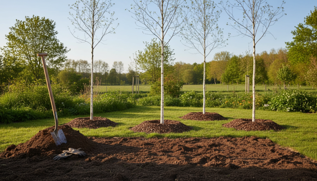A serene garden scene showcasing the preparation of a planting site for young 'Doorenbos' birch trees. In the foreground, freshly dug soil surrounded by a few small garden tools like a spade and gloves. The middle ground features several young white-barked birch saplings, their branches slightly swaying in the gentle breeze, well-spaced with organic mulch around their bases. In the background, an idyllic landscape of lush greenery and a clear blue sky. The scene is illuminated by soft, natural sunlight, casting gentle shadows that highlight the textures of the bark and soil. The atmosphere is calm and nurturing, evoking the essence of caring for young trees. The image should focus on the beauty of planting, without any text or distractions.