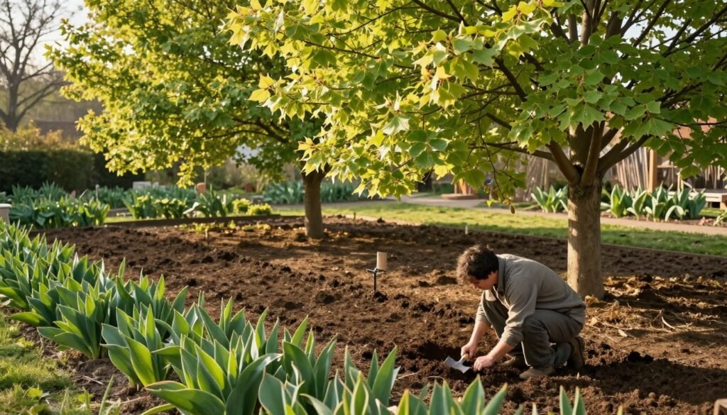 A serene garden scene showcasing the preparation of soil for the cultivation of American tulip trees (Liriodendron tulipifera). In the foreground, a gardener in modest, casual clothing kneels, carefully loosening the earth with a hand trowel, surrounded by vibrant green foliage. The middle ground features a freshly dug patch of rich, dark soil, organized and ready for planting. In the background, several healthy tulip trees stand tall, their distinctive tulip-shaped leaves glistening in the soft morning light. The scene is bathed in warm, golden sunlight, casting gentle shadows and creating a tranquil, inviting atmosphere. The composition captures the essence of meticulous gardening and the beauty of nurturing a unique ornamental tree. The angle is slightly elevated, providing a clear view of the gardening process while highlighting the trees. A serene garden scene showcasing the preparation of soil for the cultivation of American tulip trees (Liriodendron tulipifera). In the foreground, a gardener in modest, casual clothing kneels, carefully loosening the earth with a hand trowel, surrounded by vibrant green foliage. The middle ground features a freshly dug patch of rich, dark soil, organized and ready for planting. In the background, several healthy tulip trees stand tall, their distinctive tulip-shaped leaves glistening in the soft morning light. The scene is bathed in warm, golden sunlight, casting gentle shadows and creating a tranquil, inviting atmosphere. The composition captures the essence of meticulous gardening and the beauty of nurturing a unique ornamental tree. The angle is slightly elevated, providing a clear view of the gardening process while highlighting the trees.