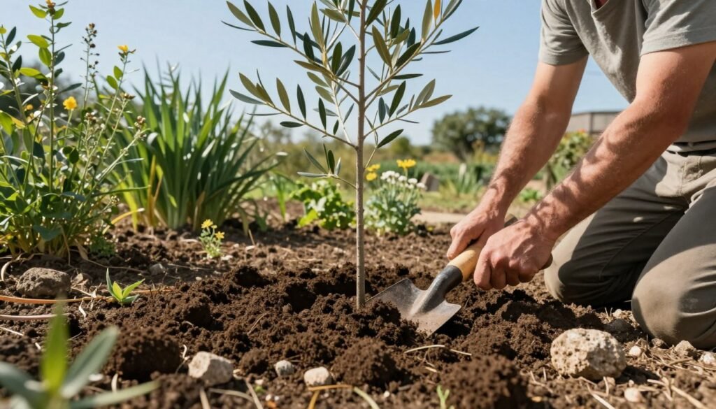 A serene garden scene showing the preparation of soil for a narrow-leaved olive tree (Olea europaea subsp. sylvestris). In the foreground, a gardener in modest casual clothing kneels on rich, dark soil, using a spade to till the earth, with small clumps of earth and stones scattered around. In the middle ground, freshly dug earth is framed by healthy green plants and a few clumps of wildflowers, hinting at biodiversity. The background features a clear blue sky, with soft sunlight casting gentle shadows, creating a warm and inviting atmosphere. The camera angle is low, focusing on the gardener's hands and tools, giving an intimate feel to the image. A serene garden scene showing the preparation of soil for a narrow-leaved olive tree (Olea europaea subsp. sylvestris). In the foreground, a gardener in modest casual clothing kneels on rich, dark soil, using a spade to till the earth, with small clumps of earth and stones scattered around. In the middle ground, freshly dug earth is framed by healthy green plants and a few clumps of wildflowers, hinting at biodiversity. The background features a clear blue sky, with soft sunlight casting gentle shadows, creating a warm and inviting atmosphere. The camera angle is low, focusing on the gardener's hands and tools, giving an intimate feel to the image.