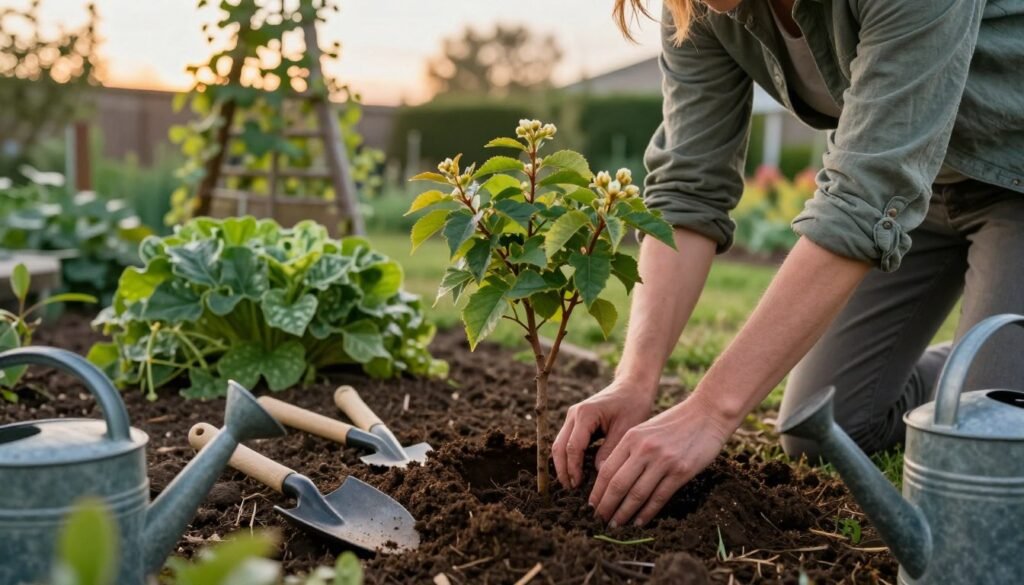 A serene garden setting during the golden hour of dusk, featuring a gardener wearing modest casual clothing, carefully planting a kousa dogwood shrub in rich, dark soil. The foreground showcases the gardener's hands gently placing the roots into the earth, surrounded by scattered gardening tools like a spade and a watering can. In the middle ground, the vibrant green foliage of various garden plants contrasts with the soft earth tones, while the kousa shrub's distinctive leaves and budding flowers hint at its upcoming bloom. In the background, a beautiful trellis draped with climbing vines adds depth to the garden scene. Soft, warm lighting enhances the tranquil atmosphere, evoking a sense of nurturing and care in nature. A serene garden setting during the golden hour of dusk, featuring a gardener wearing modest casual clothing, carefully planting a kousa dogwood shrub in rich, dark soil. The foreground showcases the gardener's hands gently placing the roots into the earth, surrounded by scattered gardening tools like a spade and a watering can. In the middle ground, the vibrant green foliage of various garden plants contrasts with the soft earth tones, while the kousa shrub's distinctive leaves and budding flowers hint at its upcoming bloom. In the background, a beautiful trellis draped with climbing vines adds depth to the garden scene. Soft, warm lighting enhances the tranquil atmosphere, evoking a sense of nurturing and care in nature.