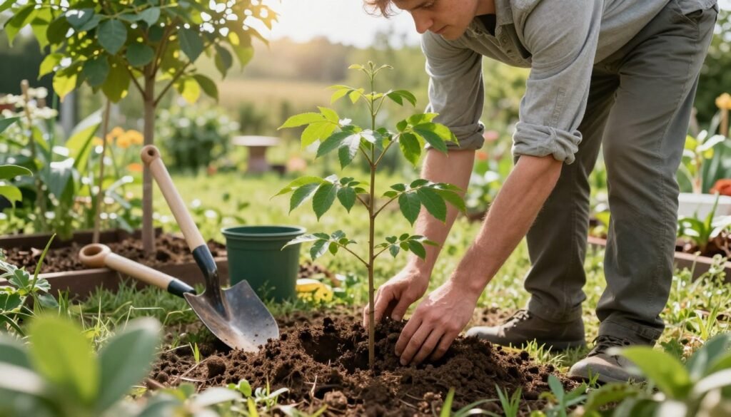 A serene garden setting showcasing the planting of a Chinese dove tree (Dawidia chińska), surrounded by lush green foliage. In the foreground, a gardener in modest casual attire is gently placing a young dove tree sapling into a prepared hole, with rich, dark soil and a small shovel beside them. The middle ground features other young trees and various garden tools, while the background consists of a blurred view of a peaceful landscape with soft sunlight filtering through the leaves, casting dappled shadows. The atmosphere is calm and focused, conveying the nurturing process of planting this unique tree, emphasizing its significance in a Polish garden. Use soft, warm lighting to highlight the vibrant greens and earthy tones.