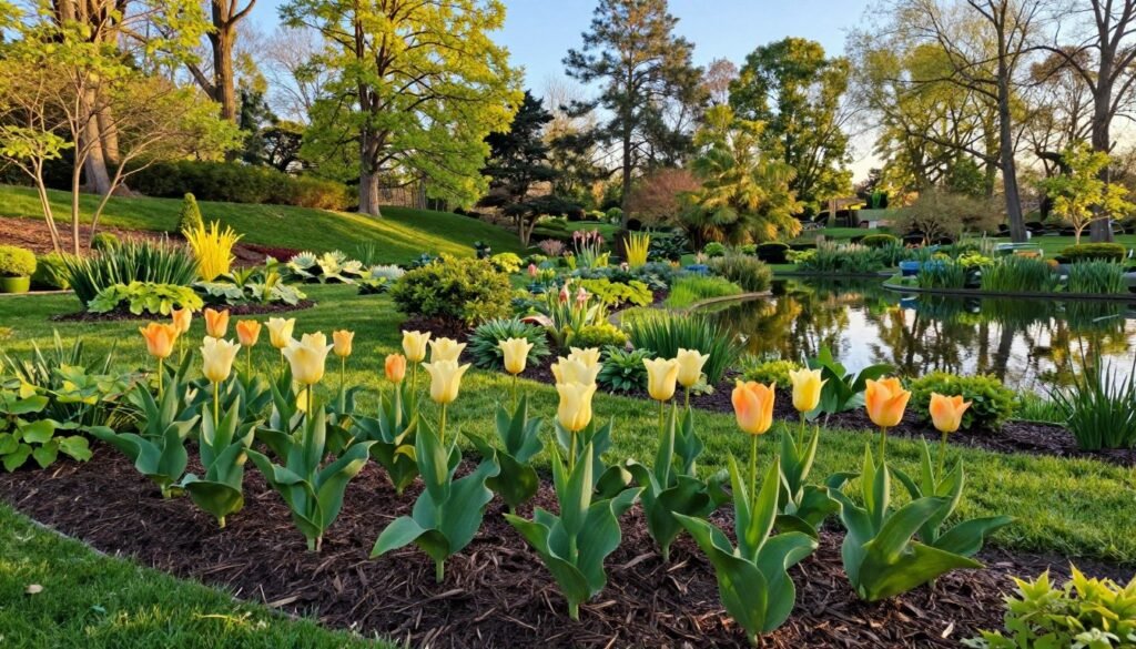 A serene garden showcasing an ideal planting site for a tulip tree, known as Liriodendron tulipifera. In the foreground, a neatly mulched area displaying young tulip tree saplings, with vibrant green leaves and unique tulip-shaped flowers in soft yellow and orange hues. In the middle ground, the lush garden features a variety of companion plants and shrubs, enhancing the aesthetic appeal. The background reveals a gentle slope leading to a tranquil pond, reflecting the clear blue sky and surrounded by tall, mature trees offering dappled sunlight. The image is bathed in warm, soft lighting of a late afternoon, suggesting a peaceful and inviting atmosphere. Capture this scene from a slightly elevated angle to encompass the layout, harmonizing with the natural beauty of the gardening space. A serene garden showcasing an ideal planting site for a tulip tree, known as Liriodendron tulipifera. In the foreground, a neatly mulched area displaying young tulip tree saplings, with vibrant green leaves and unique tulip-shaped flowers in soft yellow and orange hues. In the middle ground, the lush garden features a variety of companion plants and shrubs, enhancing the aesthetic appeal. The background reveals a gentle slope leading to a tranquil pond, reflecting the clear blue sky and surrounded by tall, mature trees offering dappled sunlight. The image is bathed in warm, soft lighting of a late afternoon, suggesting a peaceful and inviting atmosphere. Capture this scene from a slightly elevated angle to encompass the layout, harmonizing with the natural beauty of the gardening space.