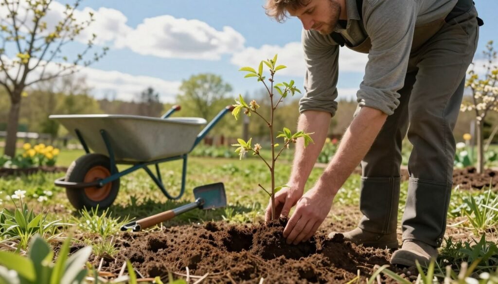 A serene outdoor scene depicting the planting of a Judas tree (Cercis canadensis) in early spring. In the foreground, a skilled gardener wearing professional attire is gently placing the young sapling into a freshly dug hole, surrounded by rich, dark soil. The middle ground features a partially filled wheelbarrow and gardening tools, while vibrant green foliage and budding flowers create a lush, natural atmosphere. The background showcases a clear blue sky with soft, fluffy clouds and distant trees, hinting at a garden setting. The scene is bathed in warm, natural sunlight, casting soft shadows that enhance the tranquil mood of planting. The perspective is slightly elevated to capture the entire planting process, emphasizing the care involved in horticulture.