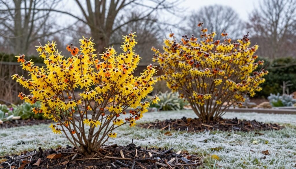 A serene winter garden showcasing a Virginia witch hazel (oczara wirginijski) and a hybrid witch hazel (oczara pośredni) in full bloom. In the foreground, vibrant yellow and orange flowers emerge from the twisted branches of the witch hazel, capturing the magic of winter blooms. The middle ground features a neatly landscaped garden bed with rich, dark soil and organic mulch, accentuated by delicate frost covering the ground. In the background, a soft-focus view of bare trees against a cloudy sky, hinting at early spring. Soft, diffused natural light creates a calm and contemplative atmosphere, while a shallow depth of field draws attention to the flowers, emphasizing their unique beauty. The scene evokes tranquility and the promise of new growth.