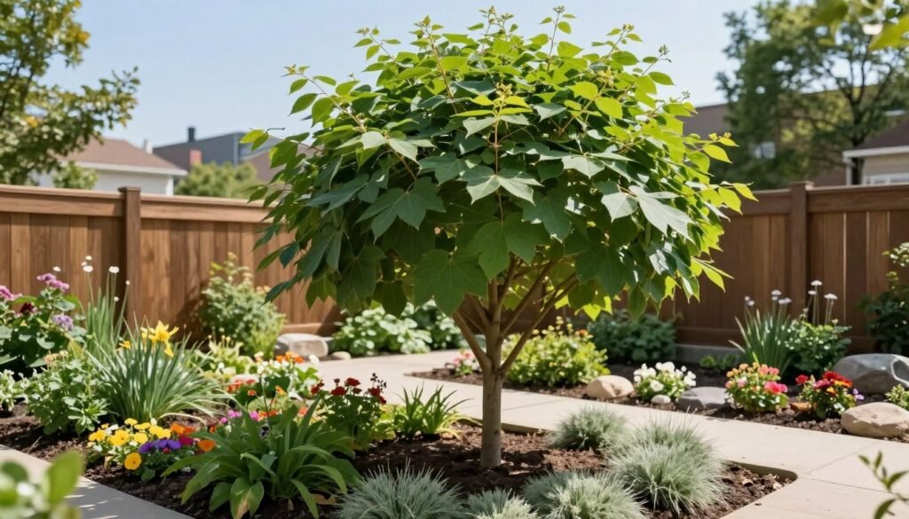 A small urban garden featuring a 'Nana' Pennsylvania ash tree at its center, showcasing its globe-shaped canopy filled with lush green leaves. The foreground includes colorful flowering plants and soft, textured ground cover surrounding the base of the tree. In the middle ground, there are neatly organized garden beds with vibrant blooms and decorative stones, typical of a well-maintained small outdoor space. The background has a charming wooden fence and hints of city architecture, creating a serene, inviting atmosphere. Soft, natural sunlight filters through the leaves, casting gentle shadows on the ground. Capture this scene from a slight elevation angle to emphasize the tree's silhouette against a clear blue sky, evoking a peaceful, harmonious vibe perfect for urban gardening enthusiasts.