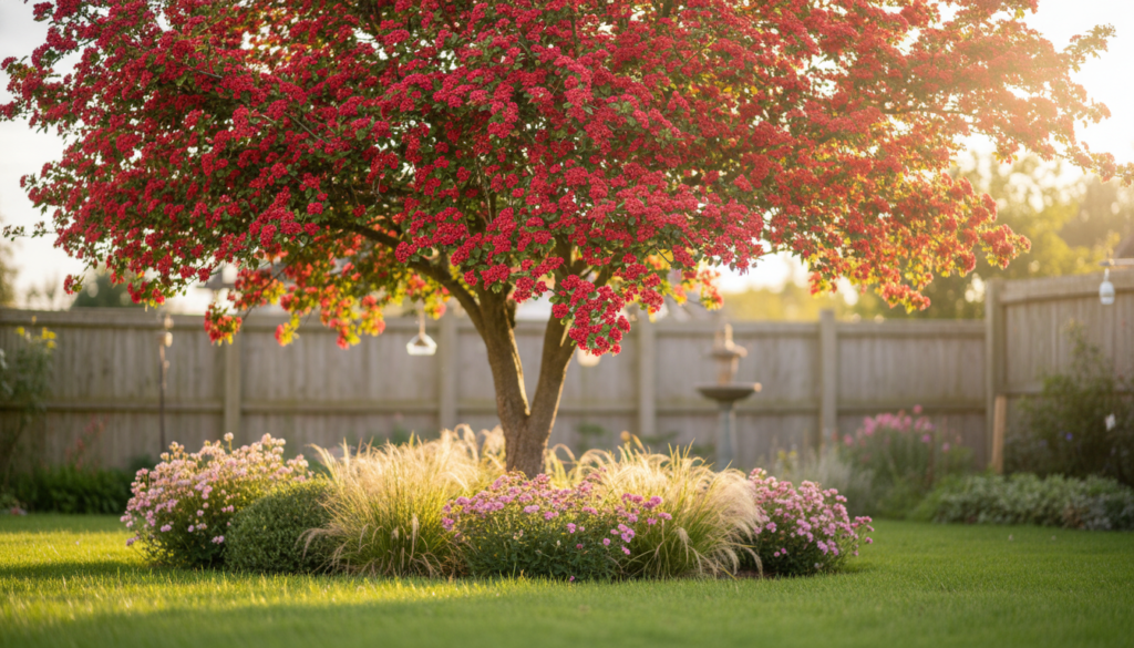A vibrant "Paul’s Scarlet" hawthorn tree, showcasing its striking red flowers in full bloom, positioned gracefully in a small, sun-drenched garden. In the foreground, rich green grass contrasts beautifully with the tree's vivid blossoms. In the middle ground, the tree stands surrounded by delicate flowering shrubs and ornamental grasses, creating a serene atmosphere. The background features a softly blurred wooden fence and hints of other garden elements, maintaining focus on the hawthorn. The image is bathed in warm, golden sunlight, with a soft focus effect to evoke a peaceful and inviting mood. A low-angle perspective enhances the tree's majestic appearance, inviting viewers to appreciate its beauty in a cozy garden setting. A vibrant "Paul’s Scarlet" hawthorn tree, showcasing its striking red flowers in full bloom, positioned gracefully in a small, sun-drenched garden. In the foreground, rich green grass contrasts beautifully with the tree's vivid blossoms. In the middle ground, the tree stands surrounded by delicate flowering shrubs and ornamental grasses, creating a serene atmosphere. The background features a softly blurred wooden fence and hints of other garden elements, maintaining focus on the hawthorn. The image is bathed in warm, golden sunlight, with a soft focus effect to evoke a peaceful and inviting mood. A low-angle perspective enhances the tree's majestic appearance, inviting viewers to appreciate its beauty in a cozy garden setting.