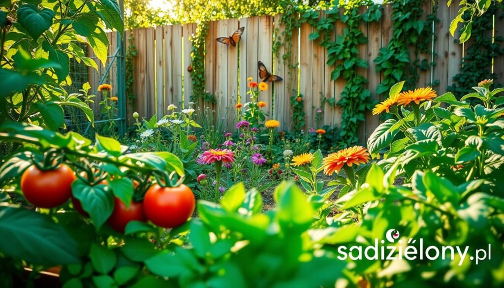 A vibrant and serene organic garden thriving without chemicals, showcasing a variety of healthy, lush plants and vegetables. In the foreground, detailed close-ups of vibrant tomatoes and leafy greens basking under sunlight. In the middle ground, an array of colorful flowers attracting bees and butterflies, emphasizing biodiversity. In the background, a rustic wooden fence adorned with climbing plants, creating a natural frame. Soft, warm lighting enhances the freshness of the scene, with sunlight filtering through green leaves, casting delicate shadows. The atmosphere conveys tranquility and harmony with nature, inspiring viewers to explore natural gardening techniques. Logo of "sadzielony.pl" subtly incorporated in the corner of the image.