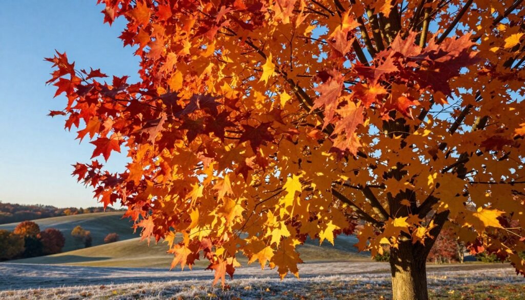 A vibrant, autumn scene showcasing the American sweetgum tree (Liquidambar styraciflua) with its stunning fall foliage in the foreground. The leaves are a kaleidoscope of colors—fiery red, bright orange, and golden yellow—set against a clear blue sky. The middle ground features the tree's distinctive star-shaped leaves, while in the background, a serene landscape transitions into soft hills, dusted with the first hints of winter's frost. The lighting captures the warm glow of the late afternoon sun, casting long shadows and illuminating the leaves' textures. The atmosphere is calm and reflective, evoking the beauty of nature in transition, symbolizing resilience in the face of seasonal changes. A vibrant, autumn scene showcasing the American sweetgum tree (Liquidambar styraciflua) with its stunning fall foliage in the foreground. The leaves are a kaleidoscope of colors—fiery red, bright orange, and golden yellow—set against a clear blue sky. The middle ground features the tree's distinctive star-shaped leaves, while in the background, a serene landscape transitions into soft hills, dusted with the first hints of winter's frost. The lighting captures the warm glow of the late afternoon sun, casting long shadows and illuminating the leaves' textures. The atmosphere is calm and reflective, evoking the beauty of nature in transition, symbolizing resilience in the face of seasonal changes.
