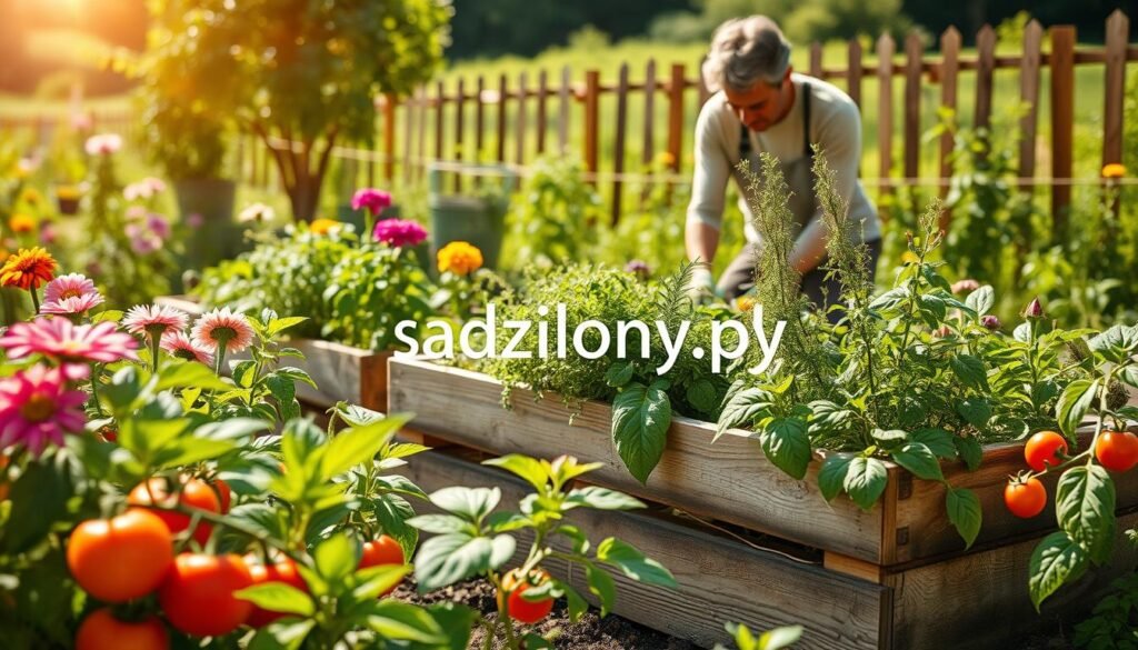 A vibrant, booming garden scene showcasing healthy plants thriving through natural methods that enhance their resilience. In the foreground, a variety of flowering plants and robust vegetables, such as tomatoes and peppers, bask under warm sunlight, showcasing their lush green leaves and vibrant blossoms. In the middle ground, a wooden planter filled with herbs, like basil and rosemary, adds depth, while a gardener in modest casual attire gently tends to the plants, illustrating a hands-on approach to nurturing growth. The background features a sunlit landscape with more greenery, hinting at biodiversity, and a natural fence made of wood. The overall atmosphere is serene and inviting, highlighting the theme of natural gardening techniques. Ensure the logo "sadzielony.pl" is subtly integrated into the scene, blending harmoniously with the natural elements.