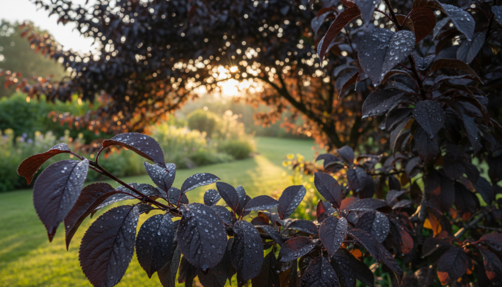 A vibrant, close-up depiction of a 'Nigra' cherry plum tree in full leaf, showcasing its striking deep burgundy foliage. In the foreground, detail the rich texture of the leaves glistening with morning dew, highlighting their unique shape and color. The middle ground will feature the silhouette of the tree, elegantly arching against a soft, blurred backdrop of a serene garden setting with gentle sunlight filtering through. Capture the mood of a tranquil late afternoon, with warm golden light casting subtle shadows, enhancing the contrast of the plum's dark leaves. The lens should focus on creating a shallow depth of field to draw the viewer's eye to the vibrant leaves while keeping the background softly out of focus.