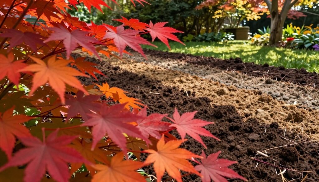 A vibrant composite image representing the influence of soil pH on leaf color, featuring a foreground of rich, red maple leaves showcasing varying shades, from deep crimson to bright orange. In the middle ground, illustrate diverse soil layers with visible textures and colors, reflecting different pH levels – from acidic to neutral and alkaline. The background should present a serene garden setting with dappled sunlight filtering through the trees, casting soft shadows and highlighting the leaves’ vivid hues. Capture this scene from a slightly elevated angle to provide depth, maintaining a warm, inviting atmosphere that emphasizes the beauty of nature’s color palette. The overall mood should be educational yet visually captivating, with careful attention to detail and clarity.