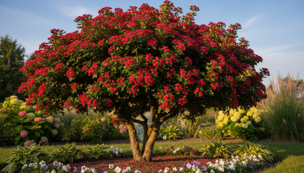 A vibrant depiction of Paul’s Scarlet Hawthorn, showcasing its stunning lush foliage and bright scarlet flowers. In the foreground, detail the small ornamental tree, featuring dark green leaves and clusters of vivid red blossoms. The middle ground should include a neatly manicured garden, with soft, warm sunlight illuminating the scene, enhancing the colors and depth. In the background, a gentle blur of other garden plants and a serene blue sky, suggesting a tranquil, sunny day. The overall mood is peaceful and inviting, conveying the beauty and charm of a small garden space. Use a shallow depth of field to focus on the tree, with a soft bokeh effect in the background. Capture this in a slightly angled view that highlights the tree’s shape and form, evoking a sense of wonder and appreciation for this ornamental beauty. A vibrant depiction of Paul’s Scarlet Hawthorn, showcasing its stunning lush foliage and bright scarlet flowers. In the foreground, detail the small ornamental tree, featuring dark green leaves and clusters of vivid red blossoms. The middle ground should include a neatly manicured garden, with soft, warm sunlight illuminating the scene, enhancing the colors and depth. In the background, a gentle blur of other garden plants and a serene blue sky, suggesting a tranquil, sunny day. The overall mood is peaceful and inviting, conveying the beauty and charm of a small garden space. Use a shallow depth of field to focus on the tree, with a soft bokeh effect in the background. Capture this in a slightly angled view that highlights the tree’s shape and form, evoking a sense of wonder and appreciation for this ornamental beauty.