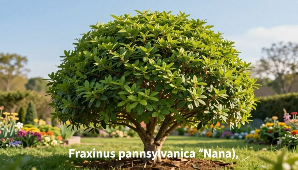 A vibrant, detailed illustration of "Fraxinus pennsylvanica 'Nana'," showcasing this rounded ornamental tree in full bloom. In the foreground, the bushy green foliage is lush and healthy, displaying its characteristic compact form. The middle ground features a well-maintained garden setting, with hints of colorful flowers and neatly trimmed grass, enhancing the tree's visual appeal. In the background, soft-focus landscaping adds depth, suggesting a serene outdoor environment. The lighting is warm and inviting, portraying a sunny day that casts gentle shadows beneath the tree's canopy. The angle captures a slightly elevated perspective, emphasizing the tree's spherical shape against a clear blue sky. The atmosphere is calm and picturesque, ideal for showcasing this ornamental variety's unique charm.