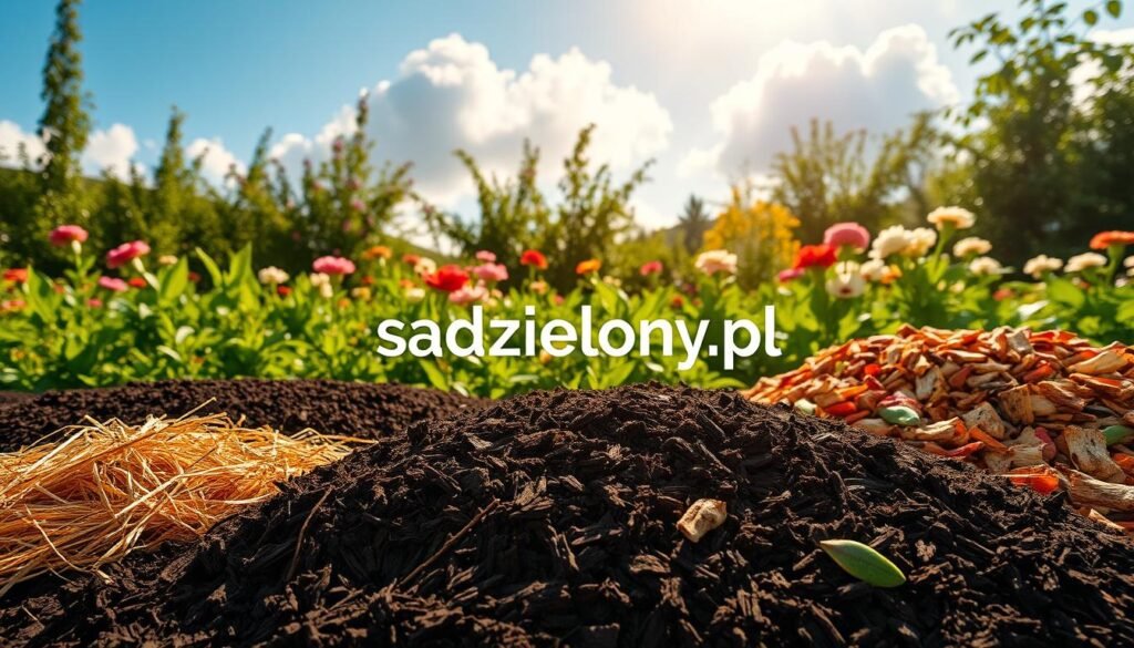 A vibrant garden scene showcasing a variety of organic materials for mulching. In the foreground, include fresh dark brown mulch, straw, and colorful wood chips arranged artfully. The middle ground features lush green plants and blooming flowers, creating a lively atmosphere. In the background, a clear blue sky and soft, fluffy clouds add depth to the scene. The lighting is warm and inviting, suggesting late afternoon sun, with soft shadows enhancing the textures of the organic materials. The overall mood is serene and nurturing, reflecting the benefits of mulching for the soil. Include the brand name "sadzielony.pl" subtly integrated into the natural elements without any text overlays.