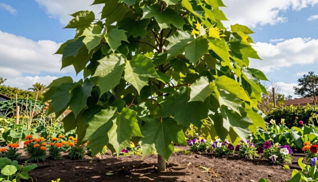A vibrant garden scene showcasing a young catalpa tree, known for its lush foliage and distinctive large leaves. In the foreground, the tree stands proud with broad, heart-shaped leaves in varying shades of green, filtering soft sunlight that creates dappled shadows on the textured earth below. The middle ground features well-maintained garden beds with colorful flowering plants like marigolds and petunias that complement the catalpa’s grandeur. The background is a serene landscape of a clear blue sky with fluffy white clouds, providing a peaceful ambiance. The image should be captured with a slight upward angle to emphasize the catalpa's height and beauty, under warm, natural lighting, evoking a sense of tranquility and lush growth in a home garden setting. A vibrant garden scene showcasing a young catalpa tree, known for its lush foliage and distinctive large leaves. In the foreground, the tree stands proud with broad, heart-shaped leaves in varying shades of green, filtering soft sunlight that creates dappled shadows on the textured earth below. The middle ground features well-maintained garden beds with colorful flowering plants like marigolds and petunias that complement the catalpa’s grandeur. The background is a serene landscape of a clear blue sky with fluffy white clouds, providing a peaceful ambiance. The image should be captured with a slight upward angle to emphasize the catalpa's height and beauty, under warm, natural lighting, evoking a sense of tranquility and lush growth in a home garden setting.