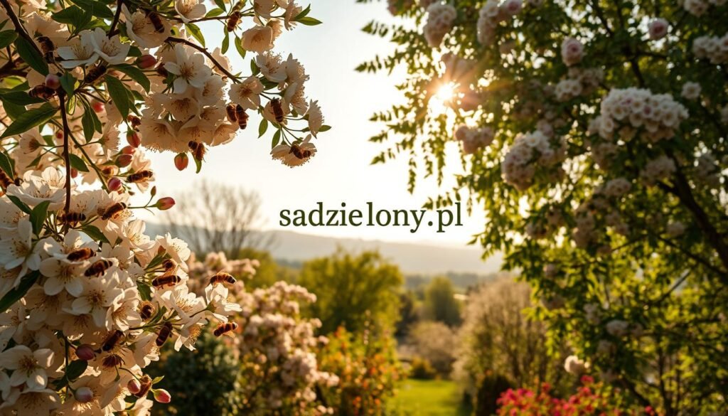 A vibrant garden scene showcasing flowering honey trees, ideal for attracting bees. In the foreground, depict lush fruit trees with blossoms in various shades of white and pink, heavily laden with bees collecting nectar. The middle ground features diverse honey-attracting trees like linden and willow, their branches swaying gently in a soft breeze. In the background, a sunlit sky casts a warm glow over the landscape, with hints of distant hills. Capture this in a wide-angle perspective, emphasizing depth. Use soft, diffused lighting to create a serene atmosphere, embodying the harmony between nature and pollinators. The mood should feel inviting, celebrating biodiversity. Include the brand name "sadzielony.pl" subtly integrated into the scene.