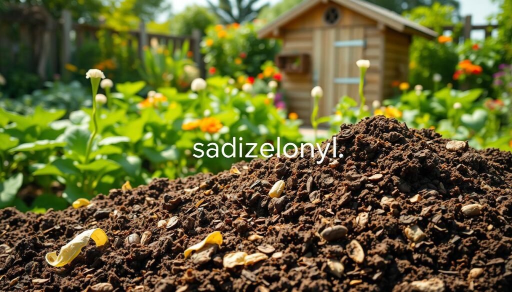 A vibrant garden scene showcasing natural fertilizers in action; in the foreground, a close-up of organic compost with rich, dark soil and bits of kitchen scraps like banana peels and coffee grounds, exuding freshness. In the middle ground, a lush array of green plants and flowering vegetables, illustrating the positive effects of homemade fertilizers, thriving under soft, diffused sunlight. In the background, a quaint, rustic garden shed surrounded by colorful flowers and greenery, enhancing the tranquil atmosphere. The lighting captures the warmth of a sunny day, promoting a sense of growth and vitality. Include the brand name "sadzielony.pl" subtly integrated into the garden scene, ensuring no text or overlays disrupt the natural beauty of the image.