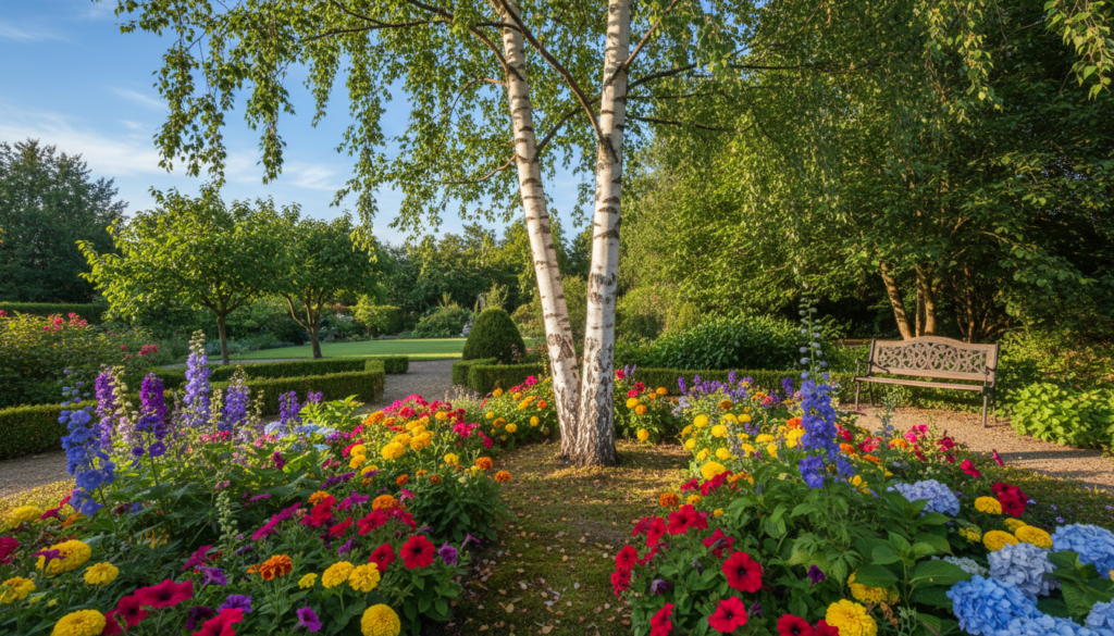 A vibrant garden scene showcasing the 'Doorenbos' birch tree, also known as "brzoza pożyteczna," with its striking white bark standing out against rich green foliage. In the foreground, include colorful flowering plants in full bloom, providing a lush, inviting contrast to the smooth, elegant trunk of the birch. The middle ground features the birch tree, its branches gently swaying in a soft breeze, filtering warm sunlight that creates dappled shadows on the ground. In the background, add a serene garden landscape with a clear blue sky, hinting at a peaceful atmosphere. Use soft, natural lighting to emphasize the tree’s beauty, capturing the essence of a well-maintained garden. Focus on a slightly elevated angle, giving depth to the scene while ensuring the birch tree remains the focal point.