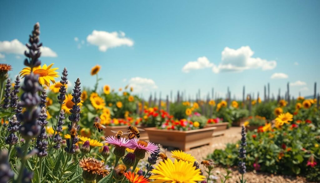 A vibrant garden space designed to attract pollinators, showcasing a diverse array of flowering plants such as lavender, sunflowers, and wildflowers. In the foreground, a group of bees busy at work, with their delicate wings glistening in the sunlight. In the middle ground, a well-planned layout of raised garden beds filled with colorful blooms, surrounded by green foliage. The background features a sunny blue sky with a few soft, fluffy clouds, enhancing the cheerful atmosphere. The lighting is warm and inviting, creating a serene mood. The image should be captured from a slightly elevated angle to provide a clear view of the pollinator-friendly design. *sadzielony.pl*